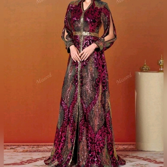 Hot Pink, Bishop Sleeves, V Neck, Contrast Sequined Mermaid Maxi Gown - Picture 6 of 11